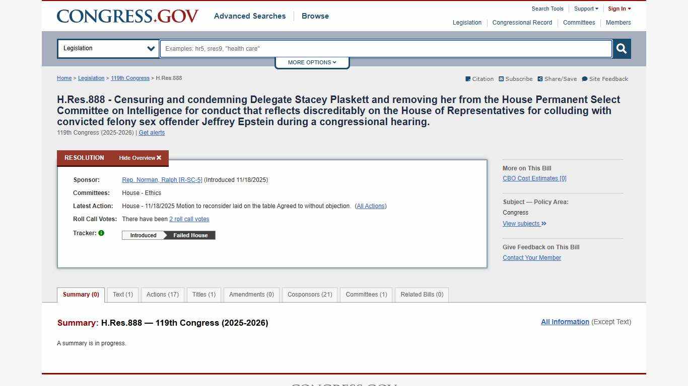 H.Res.888 - 119th Congress (2025-2026): Censuring and condemning Delegate Stacey Plaskett and removing her from the House Permanent Select Committee on Intelligence for conduct that reflects discreditably on the House of Representatives for colluding with convicted felony sex offender Jeffrey Epstein during a congressional hearing. | Congress.gov | Library of Congress